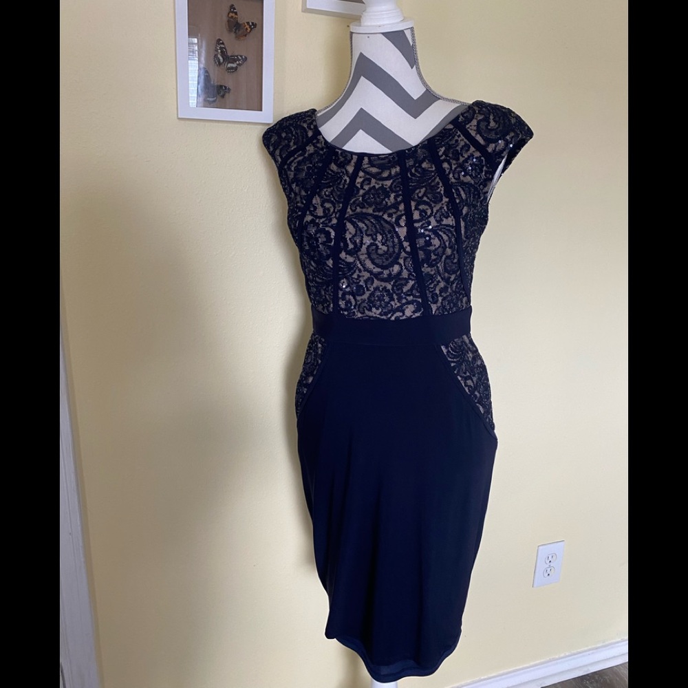 Xcape Navy Sequined Cocktail Dress, size 6